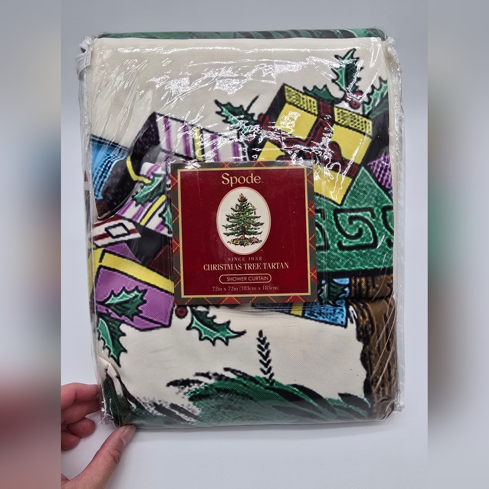 NWT Spode Christmas Tree Tartan Shower Curtain Plaid Christmas Ornaments Holiday